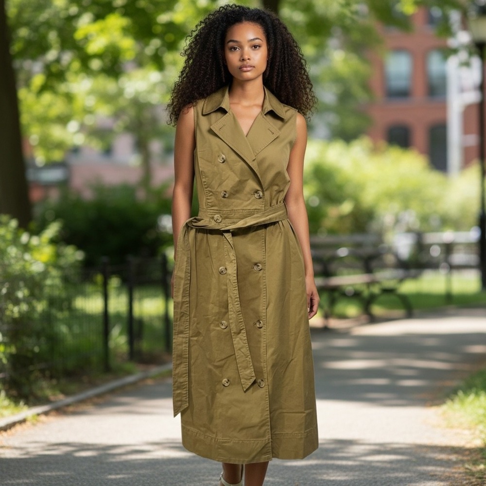 J.Crew Womens Olive Khaki Sleeveless Trench Midi Dress Double Breasted Size 0